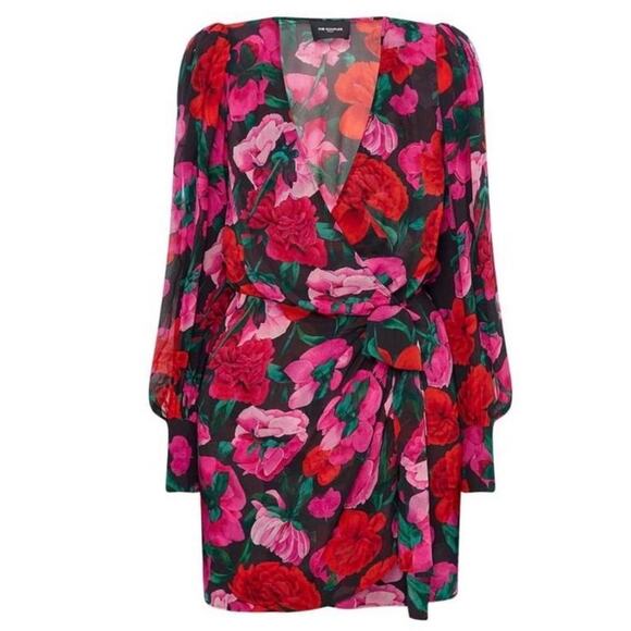 The Kooples Dolve Vita Floral Rose Silk Wrap Long Sleeve Mini Dress Size Large - Picture 5 of 14